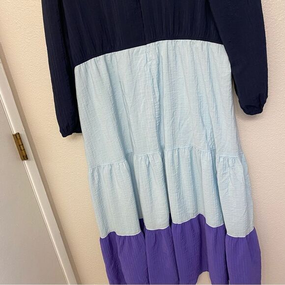 Lane Bryant Tiered Crepe Maxi Dress Blue Colorblock Long Sleeves v neck 20P - Picture 4 of 12